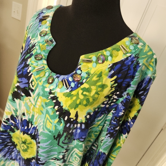 Ruby Rd. Beaded Floral Blues Greens Yellows Top  Size 1X Plus - Picture 1 of 8